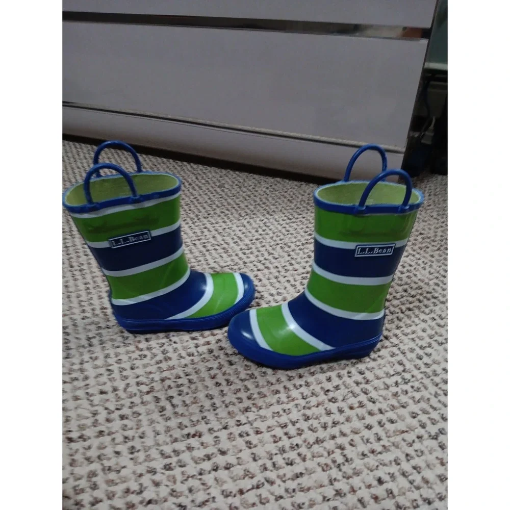 L.L. Bean Toddler Puddle Stompers Green And Blue Striped Rain Boots Size 9